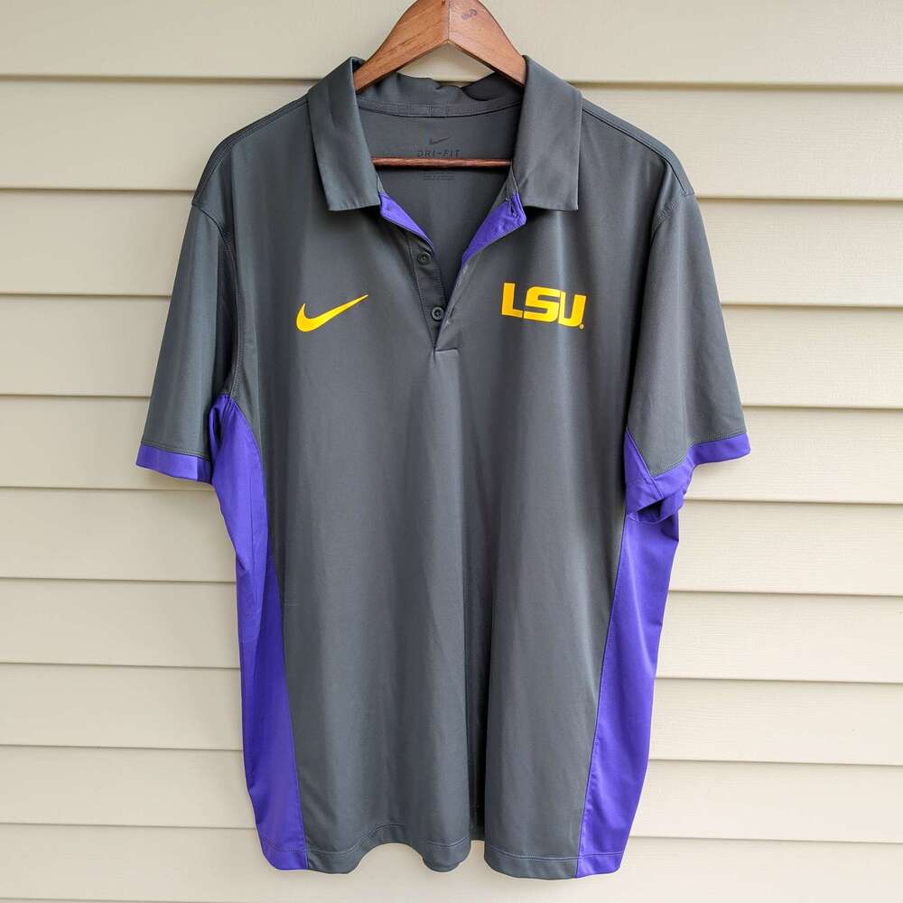 Nike LSU Tigers Polo Shirt Mens XL Gray Purple Dri-Fit Short Sleeve